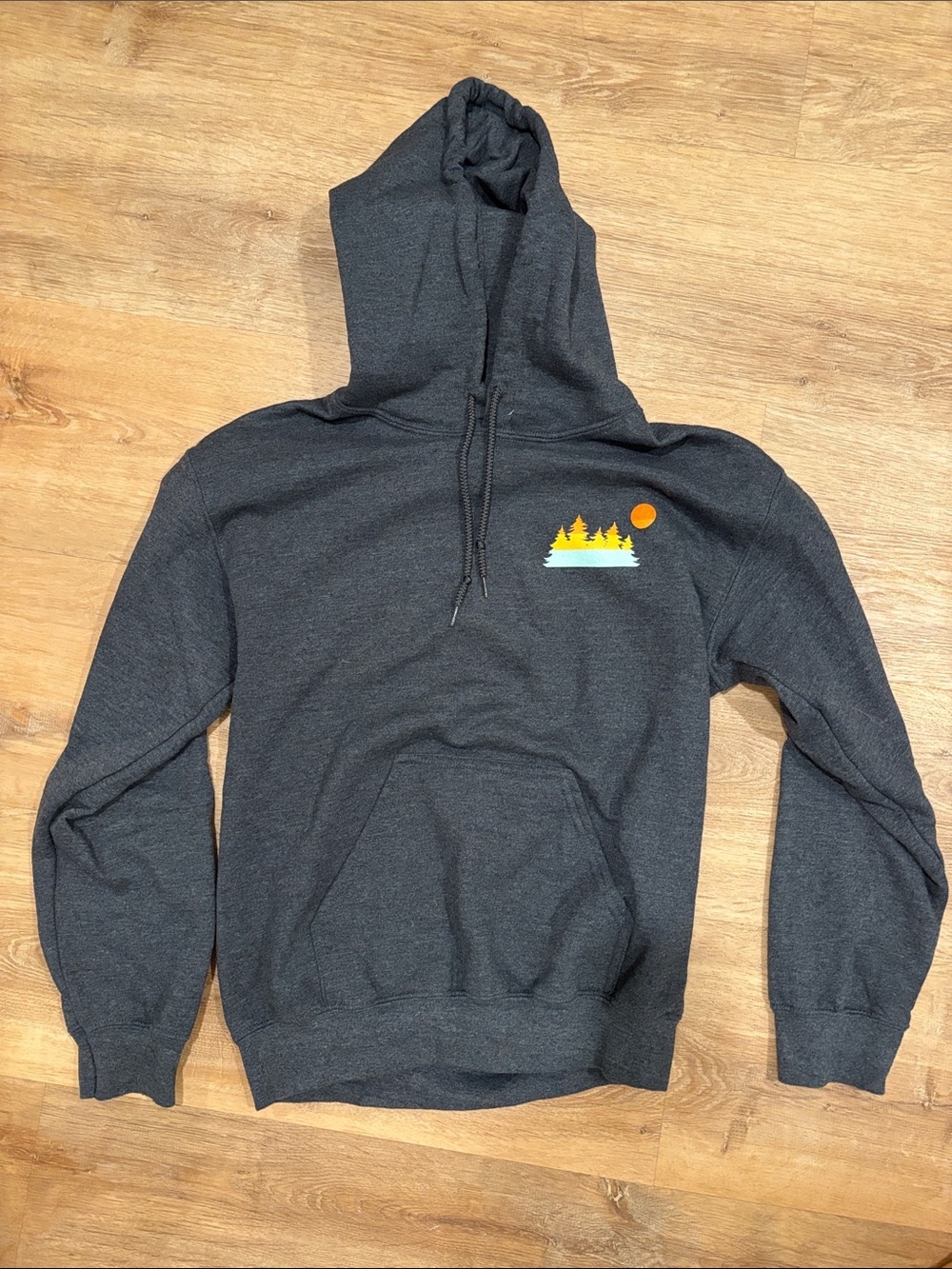 Charcoal Women's Hooded Sweatshirt with Sunset Tree Graphic